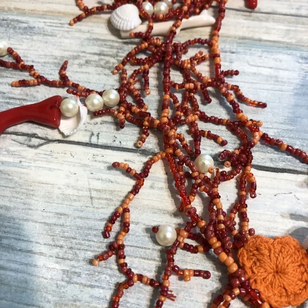 Artisan Handmade Faux Coral Pearl Necklace Acrylic Crochet Shells Red Orange 48